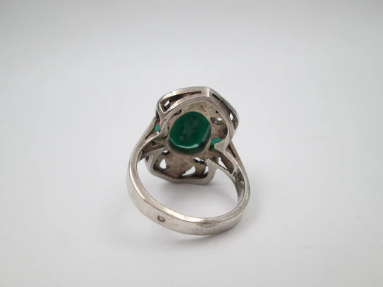 Openwork women's ring. 925 sterling silver. Marcasites & green gems. Europe. 1950's