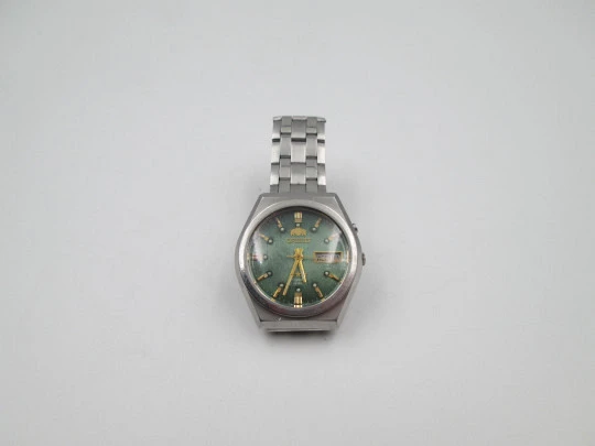 Orient Crystal 3 Stars. Acero. Dial texturizado verde. Calendario. Automático. Brazalete