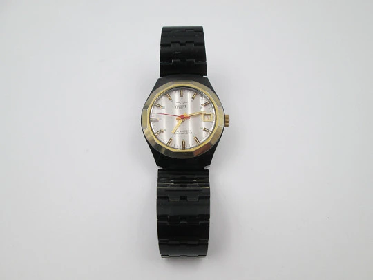 Orient watch. Black blued metal & steel. Golden bezel. Manual wind. Bracelet. 1980's