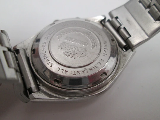 Orient. Acero inoxidable. Dial tornasolado azul. Calendario. Automático. Brazalete. 1970