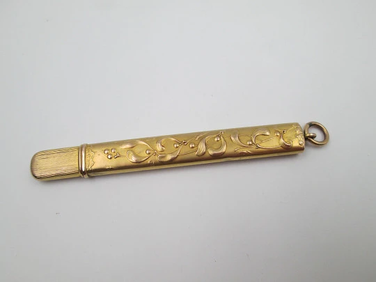 Oril pencil holder with pencil. Gold plated. Floral and vegetable motifs. Europe. 1910's