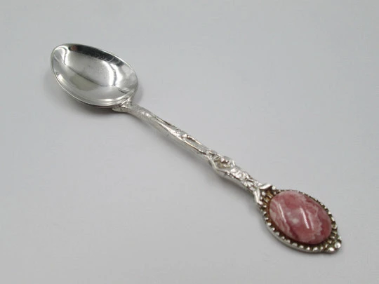 Ornate coffee spoon. Sterling silver and pink stone. Vegetable motifs. 1980's. Europe
