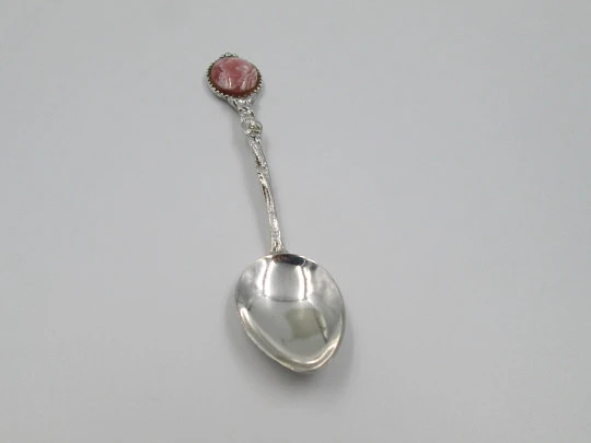 Ornate coffee spoon. Sterling silver and pink stone. Vegetable motifs. 1980's. Europe