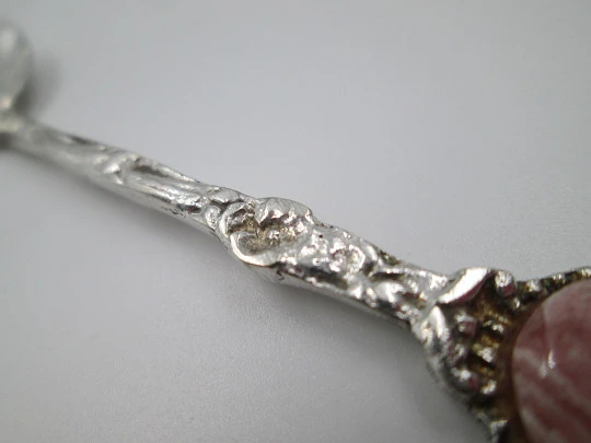 Ornate coffee spoon. Sterling silver and pink stone. Vegetable motifs. 1980's. Europe