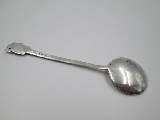 Ornate coffee & tea spoon. 925 sterling silver. Aztec sun and idol. Mexico. 1980's