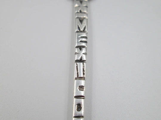 Ornate coffee & tea spoon. 925 sterling silver. Aztec sun and idol. Mexico. 1980's