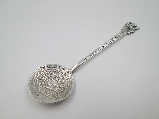 Ornate coffee & tea spoon. 925 sterling silver. Aztec sun and idol. Mexico. 1980's
