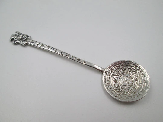 Ornate coffee & tea spoon. 925 sterling silver. Aztec sun and idol. Mexico. 1980's