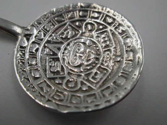 Ornate coffee & tea spoon. 925 sterling silver. Aztec sun and idol. Mexico. 1980's