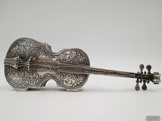 Ornate desk box. Miniature cello. 925 sterling silver & vermeil. 1980's