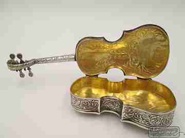Ornate desk box. Miniature cello. 925 sterling silver & vermeil. 1980's