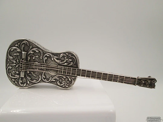 Ornate desk box. Miniature guitar. 925 sterling silver & vermeil. 1980's