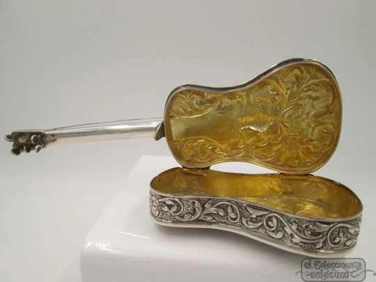 Ornate desk box. Miniature guitar. 925 sterling silver & vermeil. 1980's