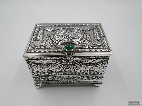 Ornate jewellery box. 925 sterling silver. 1970's. Green stone. Bilbao