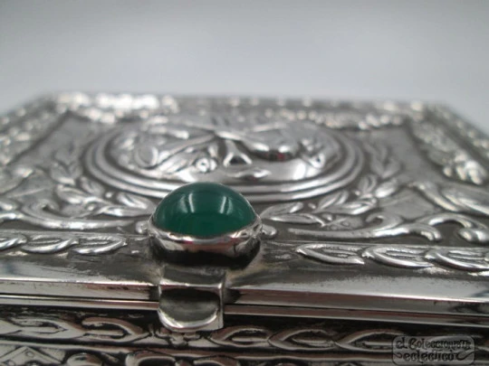 Ornate jewellery box. 925 sterling silver. 1970's. Green stone. Bilbao