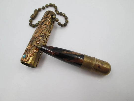 Ornate pendant ballpoint pen. Golden metal and colours stones. Marble resin. 1950's