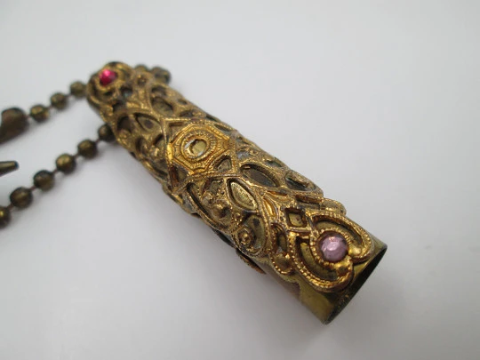 Ornate pendant ballpoint pen. Golden metal and colours stones. Marble resin. 1950's