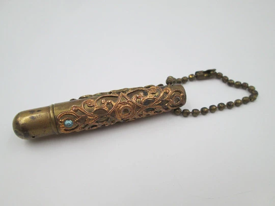 Ornate pendant ballpoint pen. Golden metal and colours stones. Marble resin. 1950's
