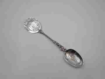 Ornate religious spoon. Apostle Matthias figure. 833 sterling silver. Holland. 1950's