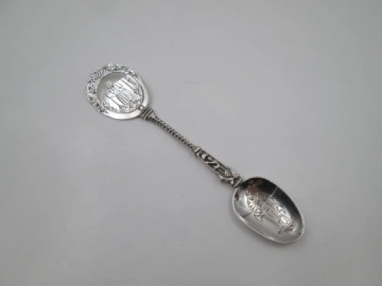 Ornate religious spoon. Apostle Matthias figure. 833 sterling silver. Holland. 1950's
