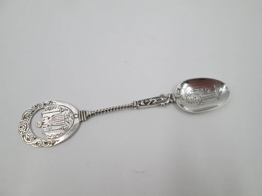 Ornate religious spoon. Apostle Matthias figure. 833 sterling silver. Holland. 1950's