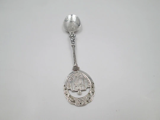 Ornate religious spoon. Apostle Matthias figure. 833 sterling silver. Holland. 1950's