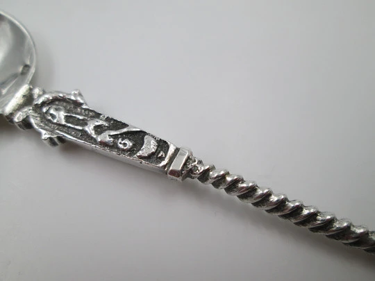 Ornate religious spoon. Apostle Matthias figure. 833 sterling silver. Holland. 1950's