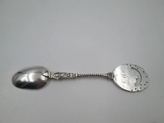 Ornate religious spoon. Apostle Matthias figure. 833 sterling silver. Holland. 1950's