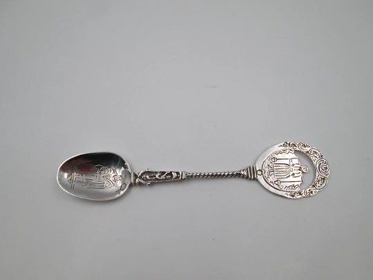 Ornate religious spoon. Apostle Matthias figure. 833 sterling silver. Holland. 1950's