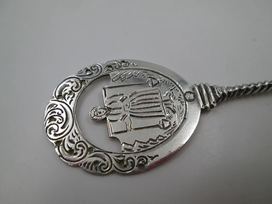 Ornate religious spoon. Apostle Matthias figure. 833 sterling silver. Holland. 1950's