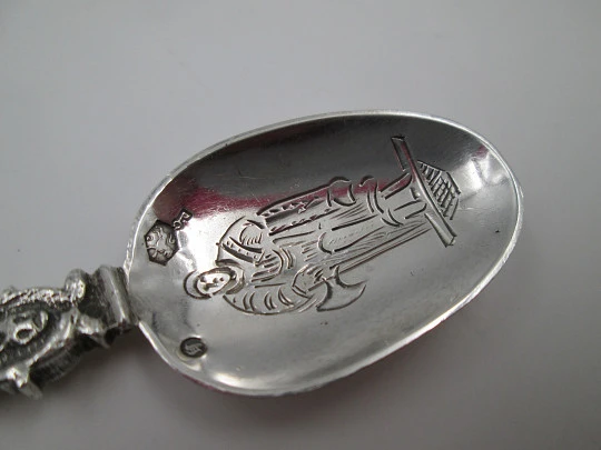 Ornate religious spoon. Apostle Matthias figure. 833 sterling silver. Holland. 1950's