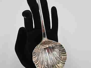 Ornate silver jam shell spoon. 1940's. Saint Peter hand with key