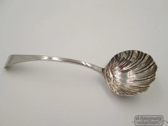 Ornate silver jam shell spoon. 1940's. Saint Peter hand with key