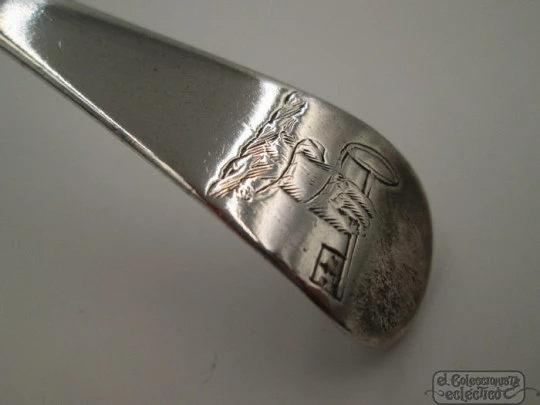 Ornate silver jam shell spoon. 1940's. Saint Peter hand with key