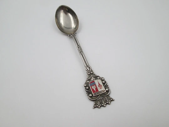 Ornate spoon. Sterling silver and colours enamel. Aranjuez shield. 1990's. Spain