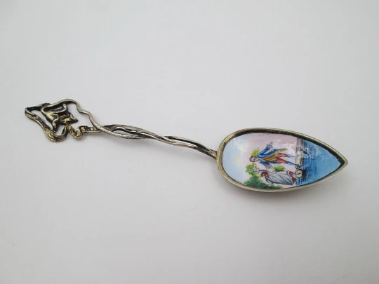 Ornate spoon. Sterling silver vermeil & colours enamel. Romantic scene. 1980's