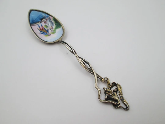 Ornate spoon. Sterling silver vermeil & colours enamel. Romantic scene. 1980's