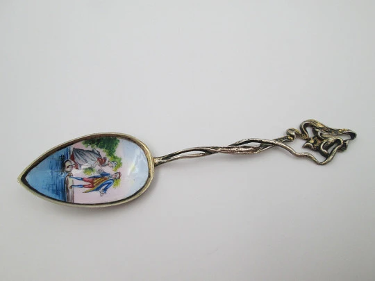 Ornate spoon. Sterling silver vermeil & colours enamel. Romantic scene. 1980's