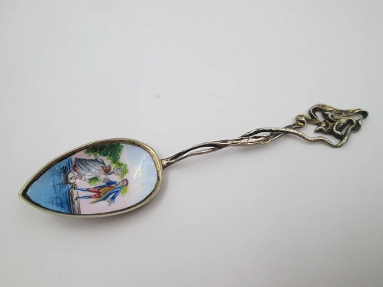 Ornate spoon. Sterling silver vermeil & colours enamel. Romantic scene. 1980's