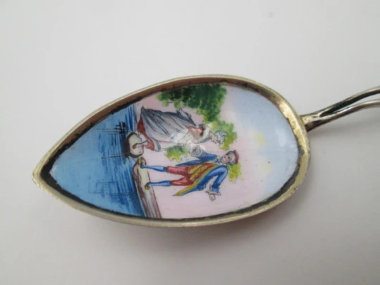 Ornate spoon. Sterling silver vermeil & colours enamel. Romantic scene. 1980's