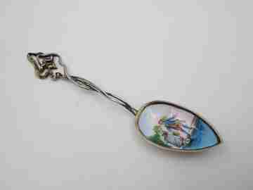 Ornate spoon. Sterling silver vermeil & colours enamel. Romantic scene. 1980's
