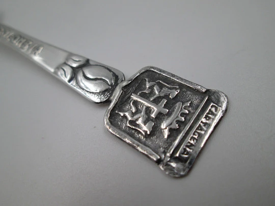 Ornate spoon. Sterling silver. Cartagena shield and coffee bean. Colombia. 1980's