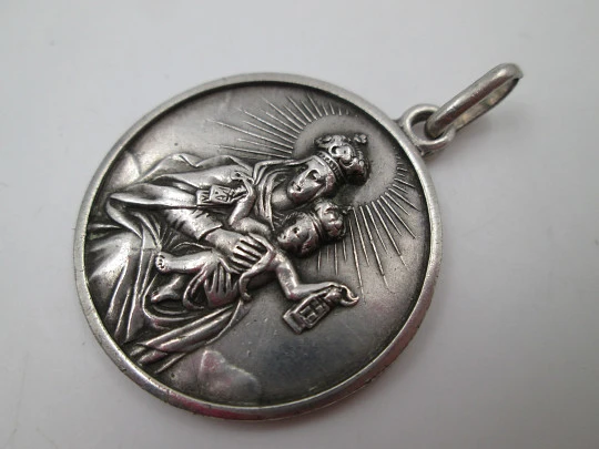 Our Lady of Carmel with Child and scapulars medal. Sterling silver. Europe. 1960's