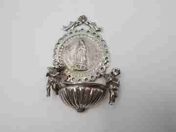 Our Lady of Guadalupe holy water font. 925 sterling silver. Mexico. 1970's