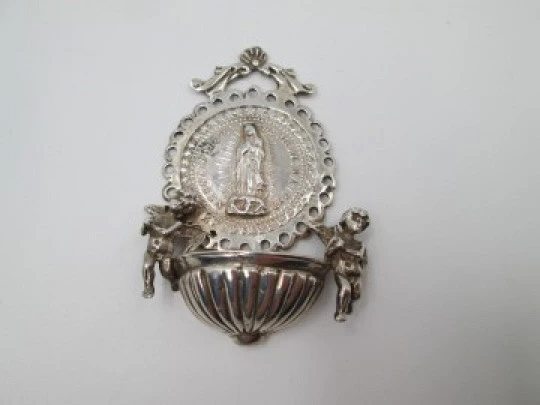 Our Lady of Guadalupe holy water font. 925 sterling silver. Mexico. 1970's