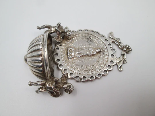Our Lady of Guadalupe holy water font. 925 sterling silver. Mexico. 1970's