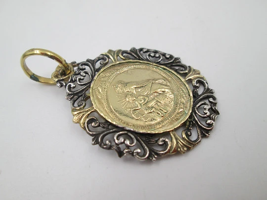 Our Lady of Mount Carmel and the Sacred Heart scapular medal. Sterling silver & vermeil