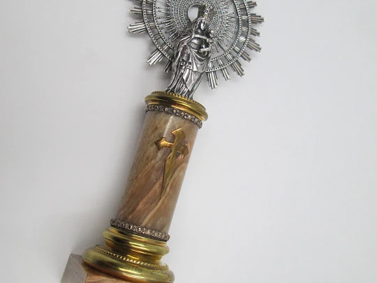 Our Lady of the Pillar figure on base. Sterling silver, marble and metal. 1950's