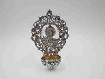 Our Lady of the Pillar holy water font. 925 sterling silver. Spain. 1980's