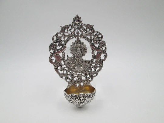 Our Lady of the Pillar holy water font. 925 sterling silver. Spain. 1980's